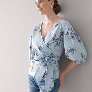White House Black Market light blue floral vintage style wrap blouse 570322941